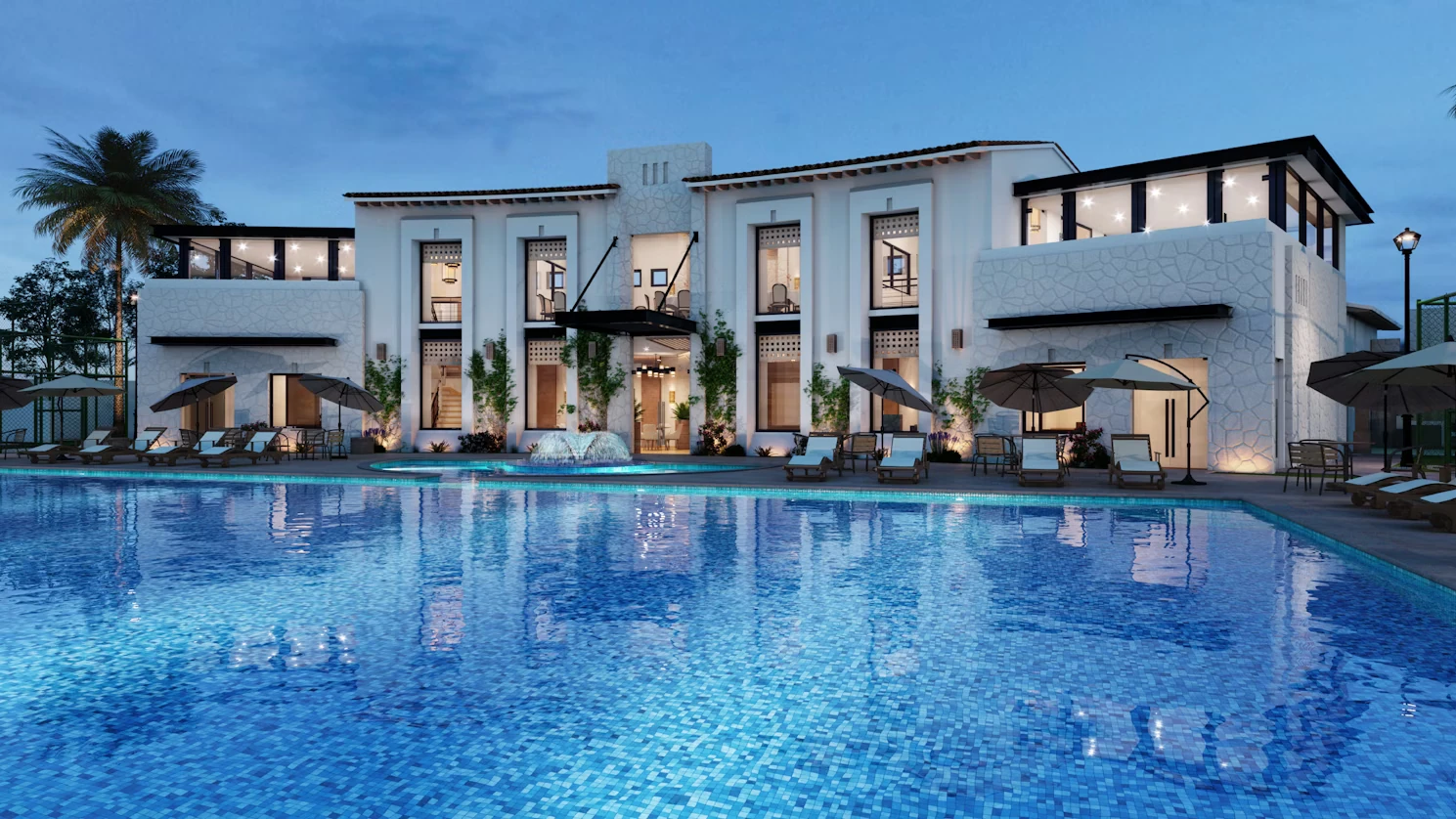 Expansive mosaic-tiled pool in front of a white two-storey residence at dusk